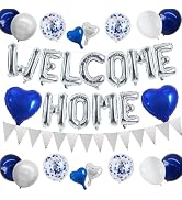TONIFUL Welcome Home Decorations,16 Inch Silver Welcome Home Foil Balloon Banner Blue Silver Conf...