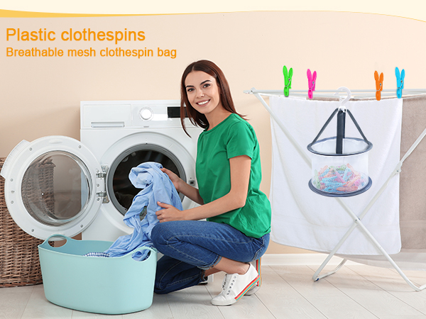 Text reads 'Plastic clothes pegs'. Sequence showing laundry sorting and washing process with basket and washing machine.