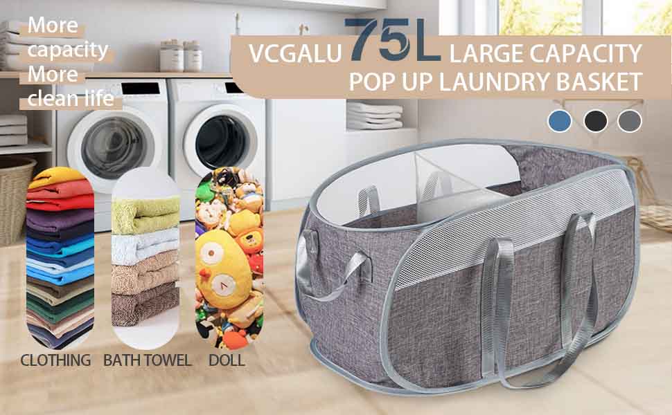 Collapsible Laundry Basket 2 Compartment Pop Up Mesh Hamper Large Capacity Dirty Cloths Basket