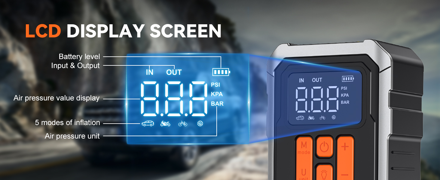 tire inflator with LCD display screen