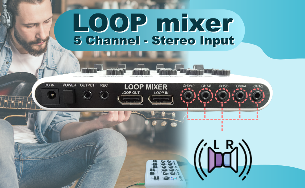 Maker hart Loop audio mixer with 5x 3.5mm inputs and 2 outputs. 