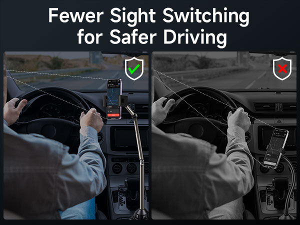 Split-screen comparison showing vehicle interior views, demonstrating phone mounting positions for safer driving. Green and red indicators highlight different mounting scenarios.