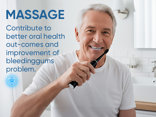 Text reads 'MASSAGE' and 'Contribute to better oral health'. Advertisement shows dental care device being demonstrated in a bright bathroom setting.