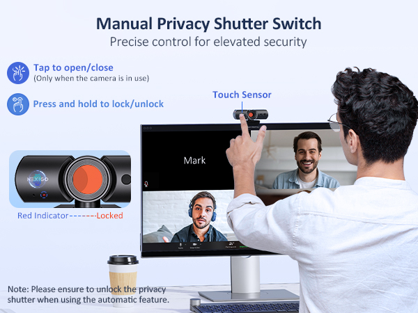 A man taps the privacy cover switch to turn on the cover.