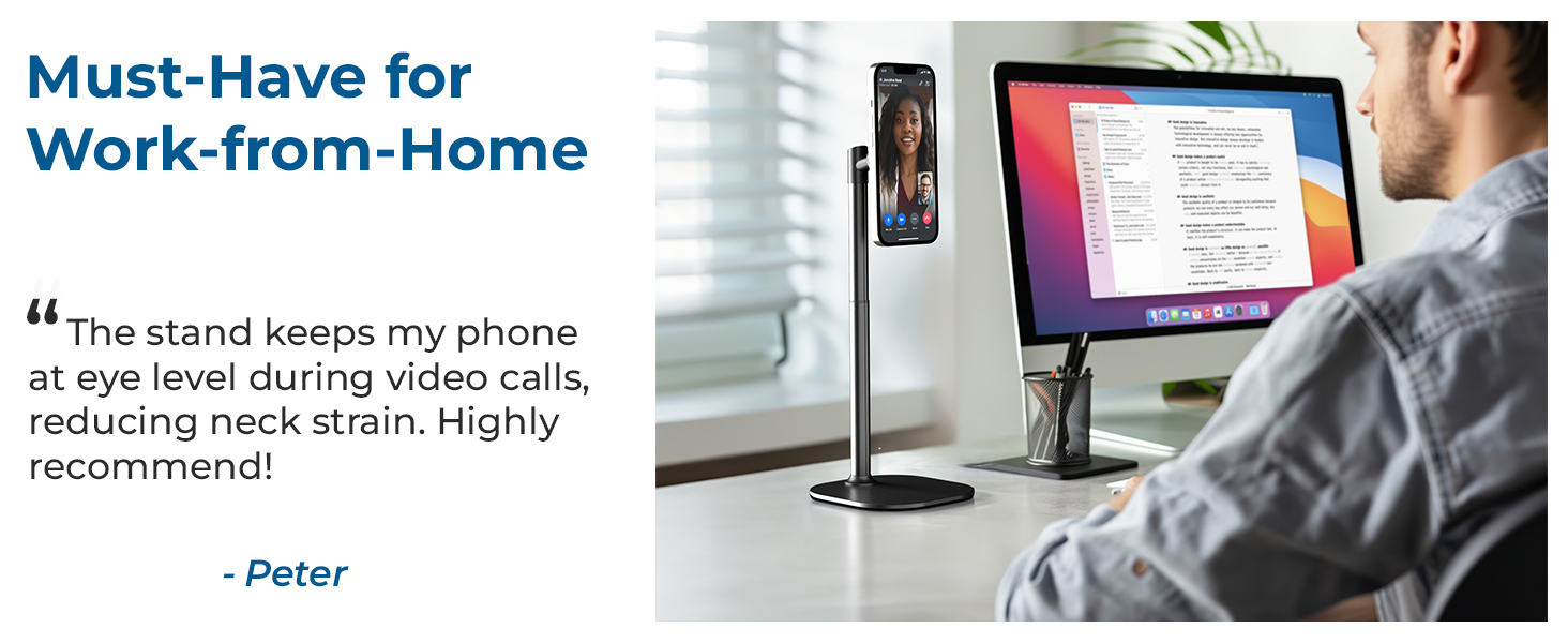 Desktop setup showing phone stand in use during video call, with computer monitor and testimonial about reducing neck strain.