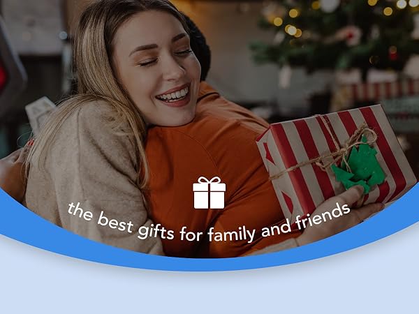 Holiday scene with wrapped gift box in red and white stripes, green ribbon. Text overlay: 'the best gifts for family and friends' with gift icon.