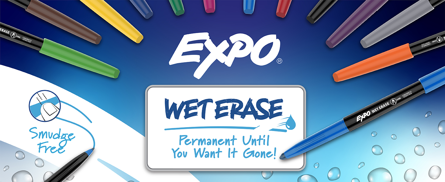 EXPO Wet Erase Markers, Semi-Permanent Markers, Blue, Fine Tip, 12 Count