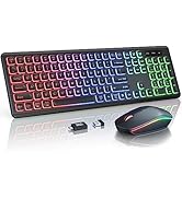Wireless Keyboard and Mouse Combo - RGB Backlit, Rechargeable & Light Up Letters, Full-Size, Ergo...