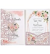 DreamBuilt 4.7 x7 inch 50PCS Blank Rose Gold Glitter Wedding Invitations Kit Laser Cut Hollow Ros...