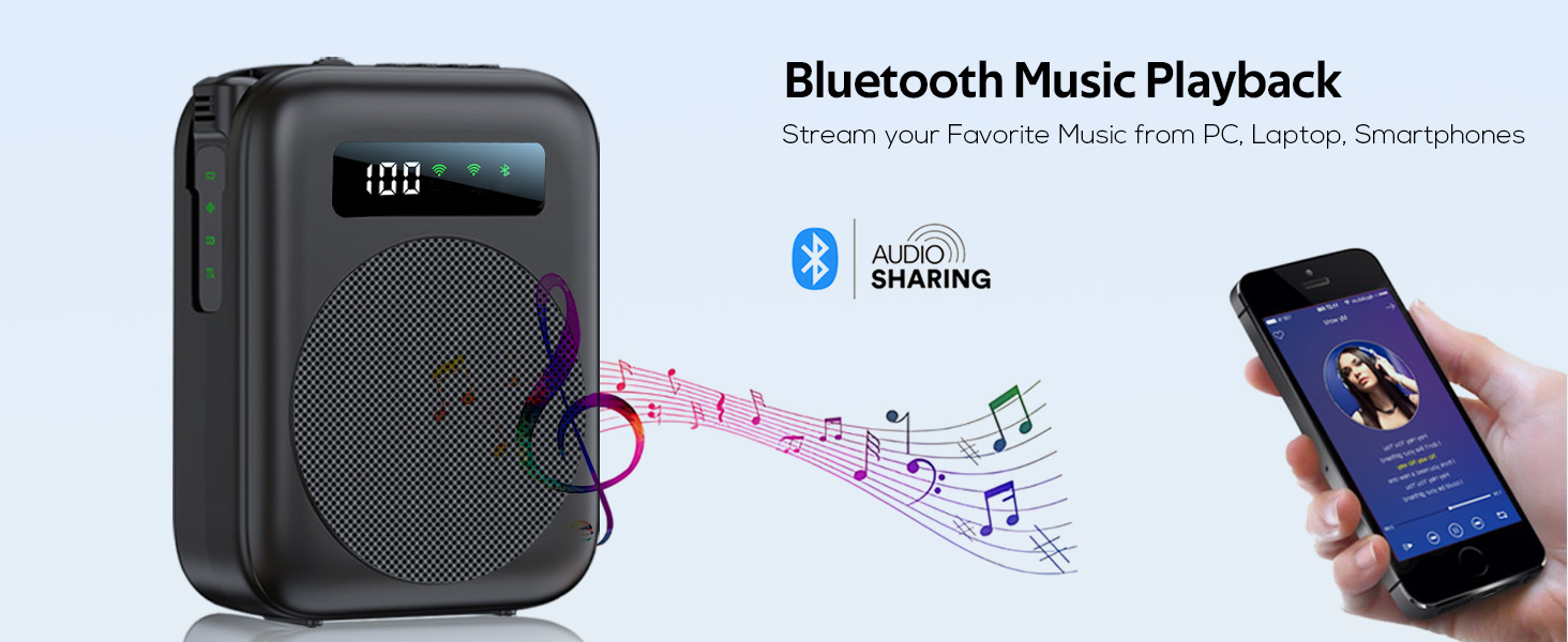 Text reads 'Bluetooth Music Playback'. Product diagram showing portable black speaker device connecting wirelessly to smartphone with music notes graphic.