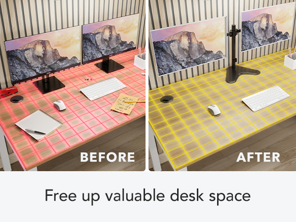image of a desk showing before and after using this dual monitor mount