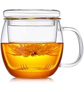 Glass Tea Cup with Infuser and Lid, 17oz/500ml Large Borosilicate Teacup, Clear Mug for Loose Lea...
