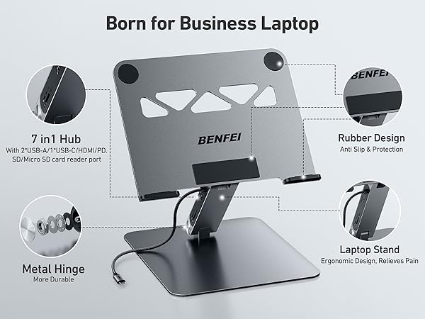 Text reads 'Born for Business Laptop'. Shows laptop features including '7-in-1 Hub', 'Metal Hinge', 'Limited Serial', and 'Rubber Design'. Multiple angles of laptop components displayed.