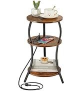 Small Round Side Table with Charging Station, 3-Tier Waist Circular End Table with Storage Shelf,...