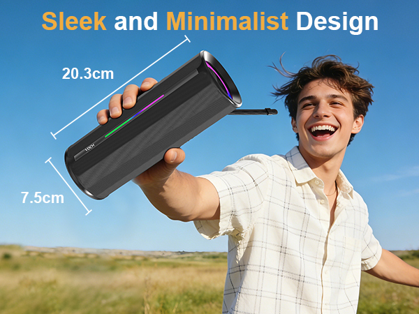 Text reads 'Sleek and Minimalist Design', '20.3cm', '7.5cm'. Man holding black cylindrical portable speaker outdoors against blue sky background, demonstrating compact size.