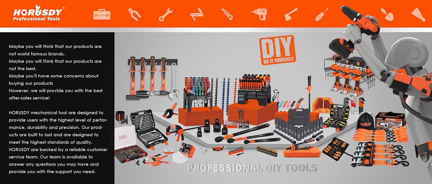 Comprehensive tool collection display featuring orange and black power tools, hand tools, and accessories arranged in an organized workshop layout.