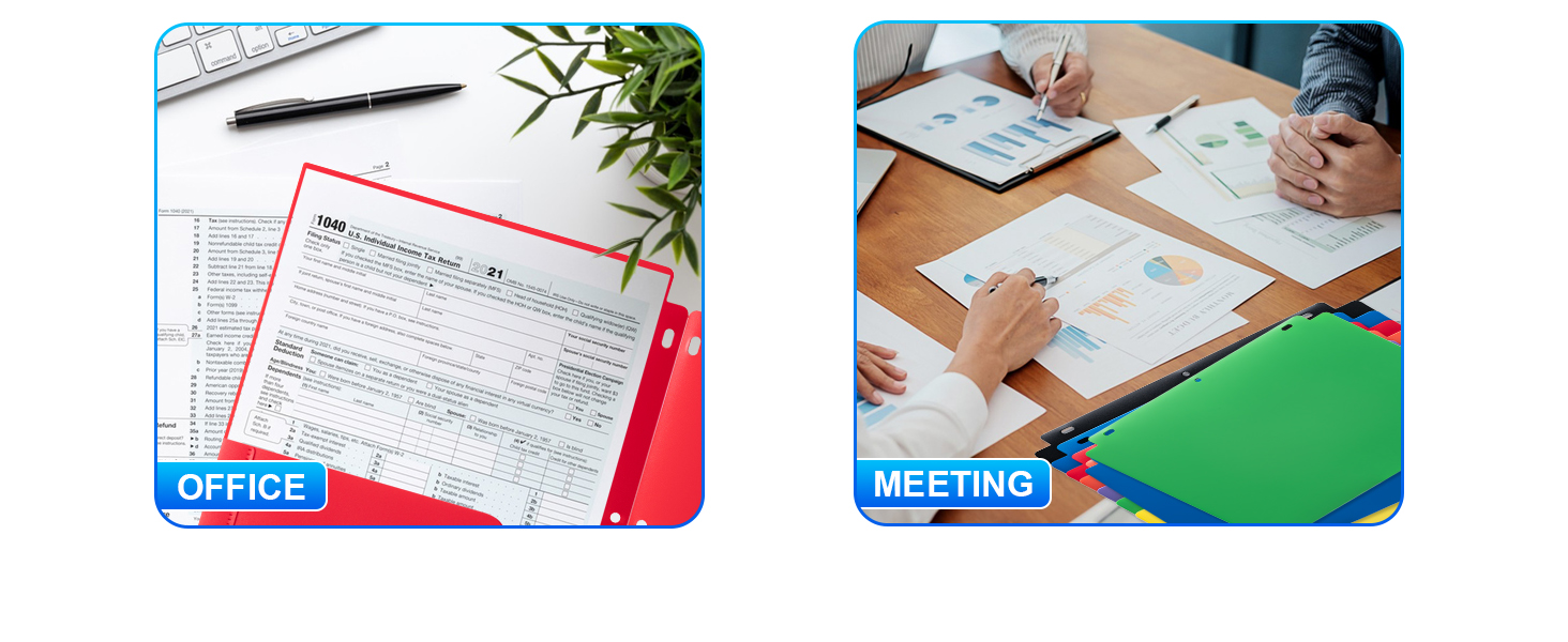 feature 3-hole punches allowing them to be put in binders, and have a business card slot