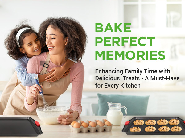 mother and daughter enjoying family baking time with cookie sheets for baking on kitchen counter
