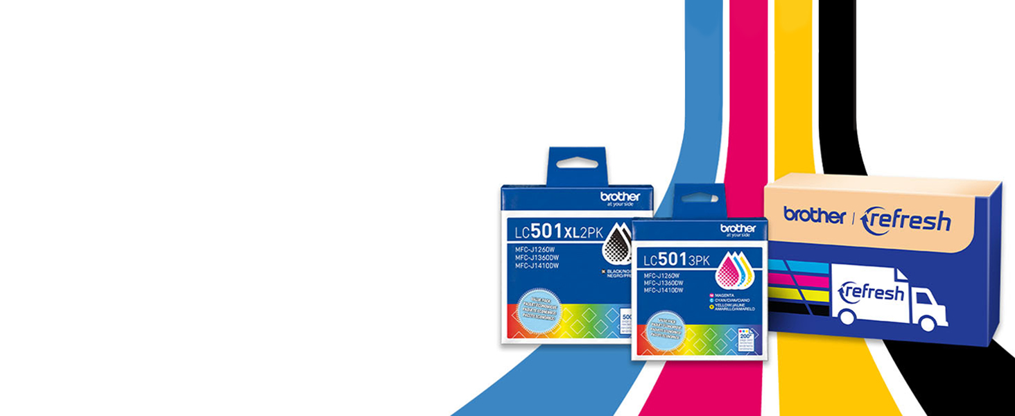 Brother Genuine LC5013PK three-pack color ink, LC501XL2PK twin-pack black ink, Refresh shipping box