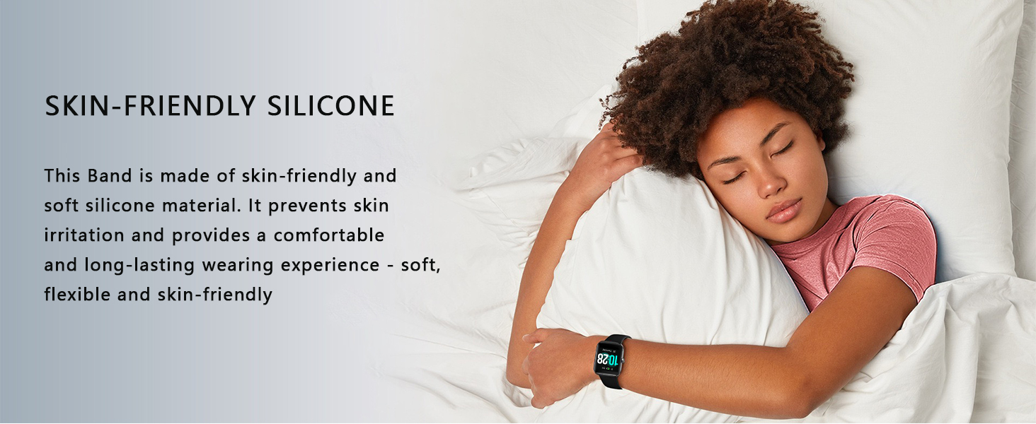 Text reads: 'SKIN-FRIENDLY SILICONE' followed by 'This band is made of skin-friendly and ultra-durable material. It provides the ultimate user experience. Super flexible and long-lasting wearing experience - soft, flexible and anti-fouling.'