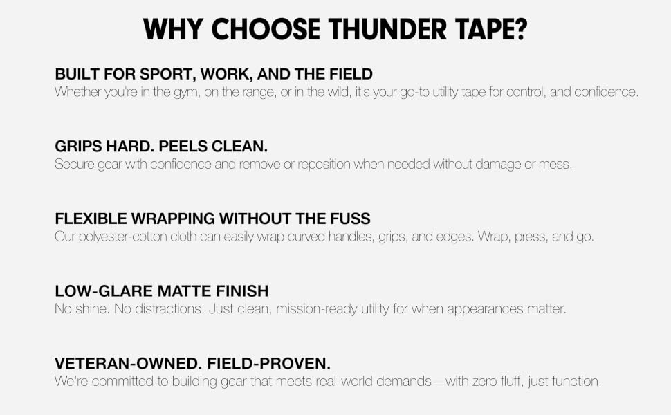 Multiple reasons to choose Thunder Tape, grips, flexible, matte finish, veteran owned