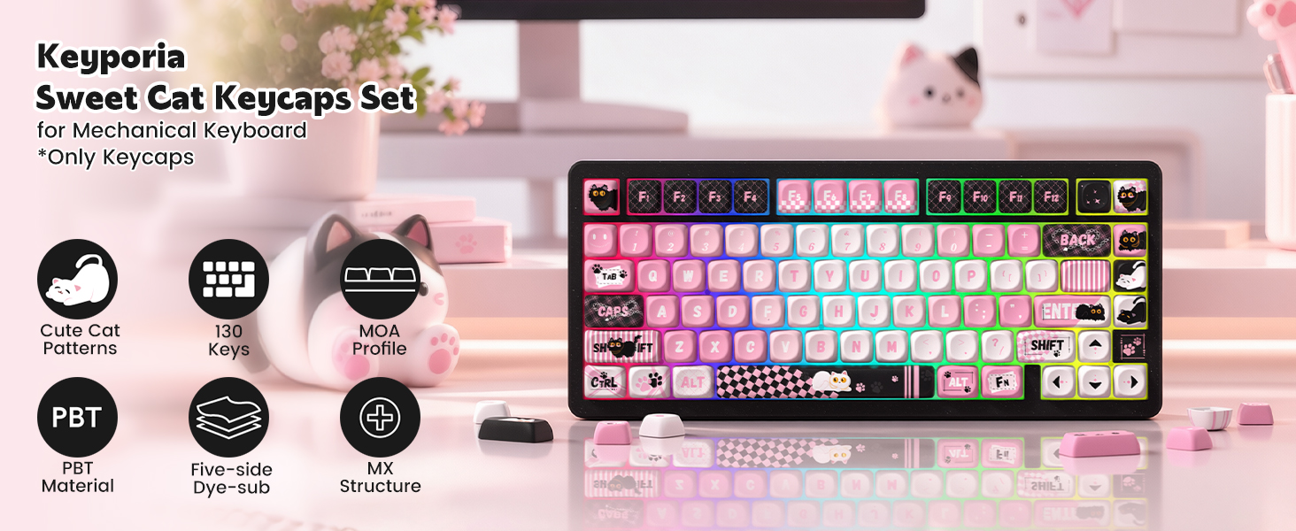 Keyporia Keycap Set - Sweet Cat, MOA Profile 5-Side Dye-sub PBT Key caps