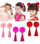 Baby Girls Chinese Style Hairy Furry Balls Bows Tassels Hair Clips Barrettes for Kids Festival Small