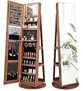 CHARMAID 360° Swivel Jewelry Armoire with Full Length Mirror, Rear Storage Shelves, Lockable Stan...