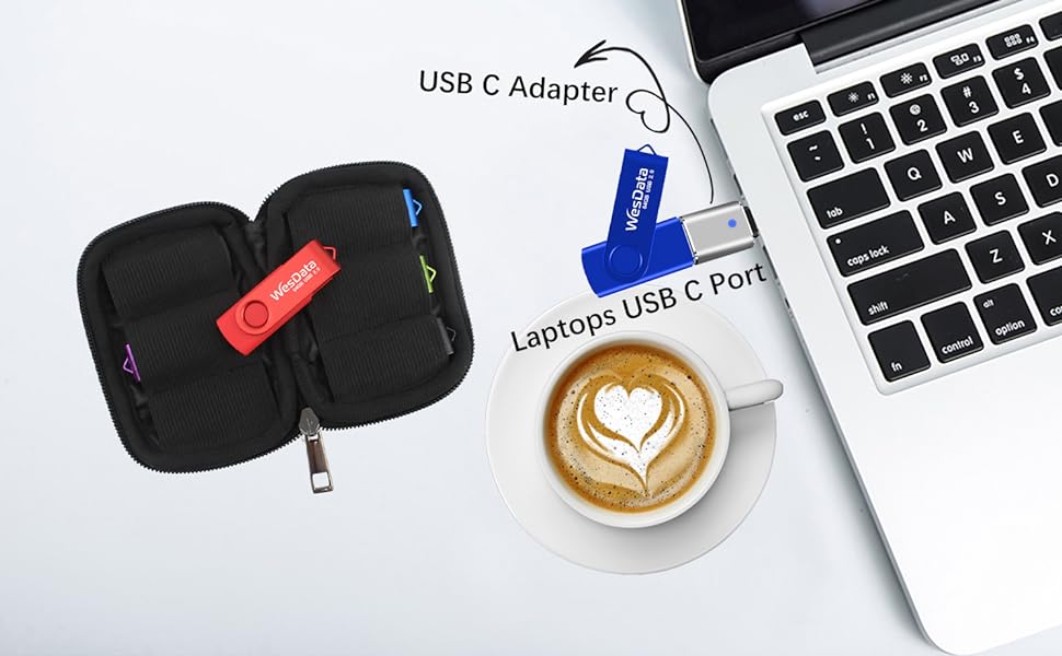 5 pack 64GB USB flash drives and 2 USB C adapters in a Case A-3