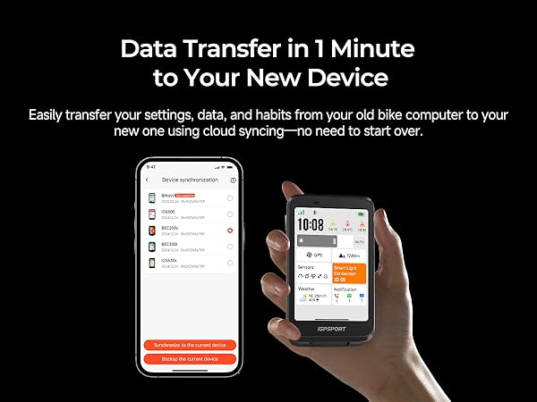 Bike computer data transfer feature shown with smartphone and cycling device. Displays cloud syncing process for transferring settings and data between devices in one minute.