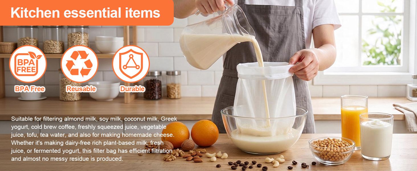Reusable, filters nut milk, juice, and more in a single pass, delivering a silky smooth texture