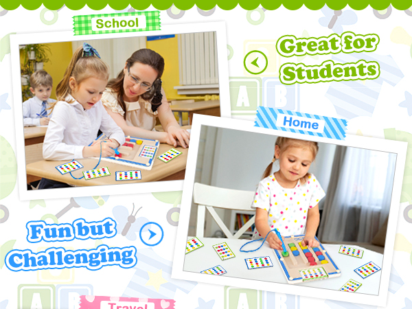Educational game for students shown in use at school and home. Features colorful cards and is described as fun but challenging, great for learning.