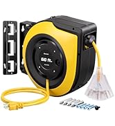 DEWENWILS Retractable Cord Reel, 60FT Heavy Duty Extension Cord, 12AWG/3C SJTOW, 3 Grounded Outle...