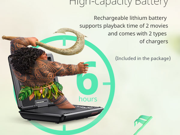 Illustration of a laptop with animated character. Text describes 6-hour rechargeable lithium battery supporting 2 movies playback, includes 2 charger types.