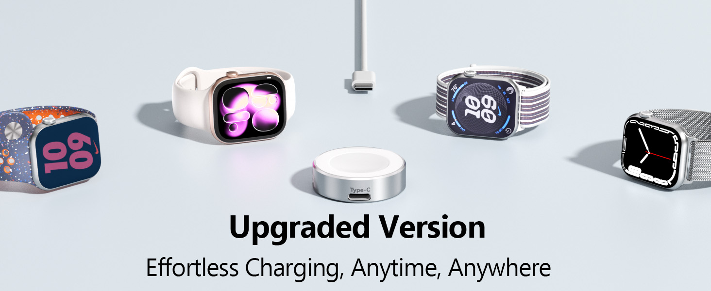 Text reads 'Upgraded Version' and 'Effortless Charging, Anytime, Anywhere'. Display of wireless charging devices with multiple units shown in gray finish.