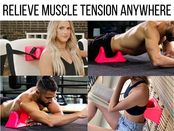 Multiple images showing the uses of the PSO RITE muscle release tool on abdomen back hips shoulder