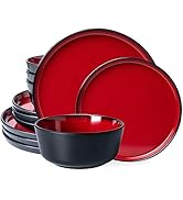 LEHAHA Melamine 12-Piece Modern Dinnerware Set, Kitchen Plates and Bowls Sets, Luxury 2 tone Red ...