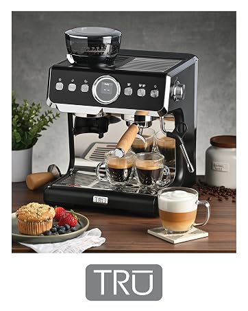 TRU fully automatic espresso machine with grinder and brewed espresso and latte