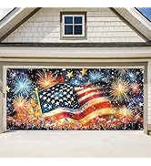 ANNA QUEEN Garage Door Banner 6x13FT, Large Patriotic Garage Door Cover with Flag &amp; Fireworks Out...