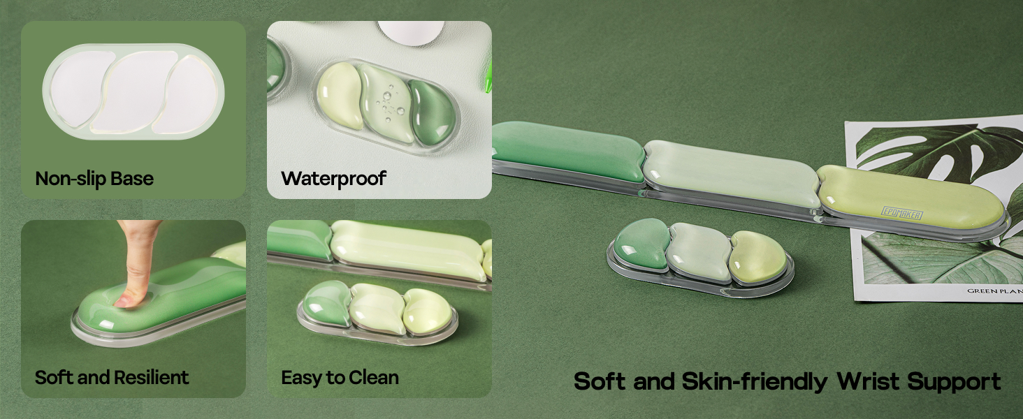 Text labels read "Naturally Numb," "Waterproof," "Soft and Resilient," "Easy to Clean," "Soft and Skin-Friendly Wrist Strap." Six white cylindrical objects with band displayed showing product features.