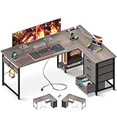 AODK L Shaped Desk with 4 Tier Drawers, 53" Reversible Gaming Desk with Power Outlets, L Shaped C...