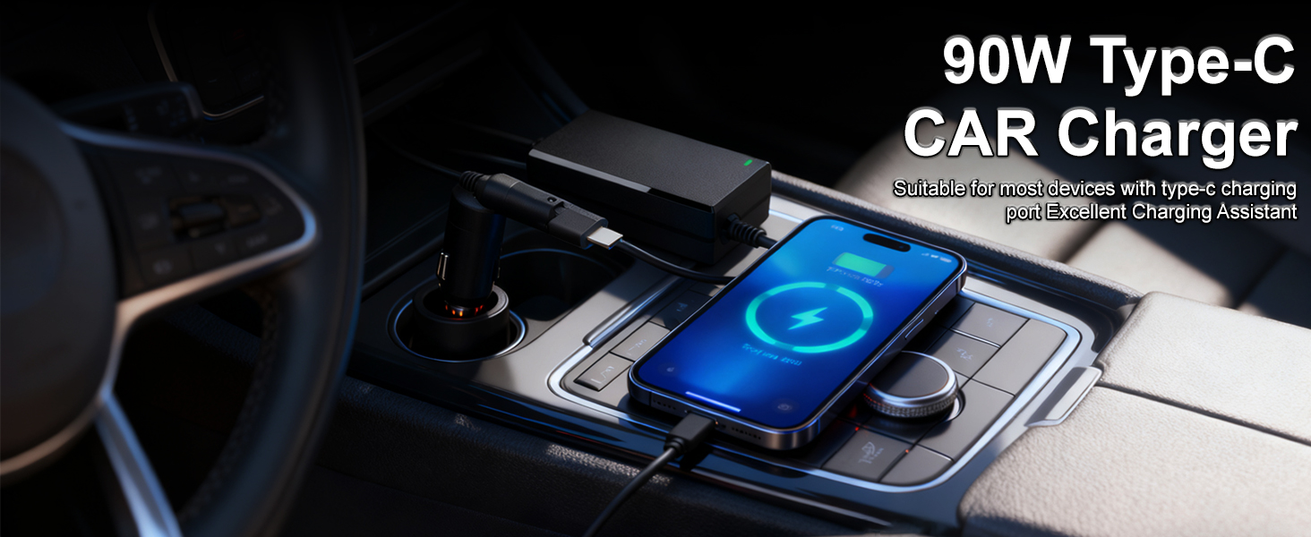 90W USB-C Laptop CAR Charger Power Adapter