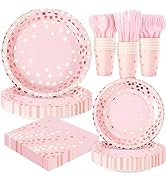 Valentines Pink and Rose Gold Dots Plates Set for 24 Guests, 168PCS Disposable Dinnerware,Party S...