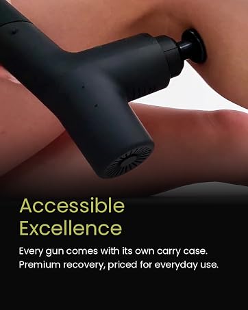 EXELLEON massage gun used on the leg; every gun comes with its own carry case