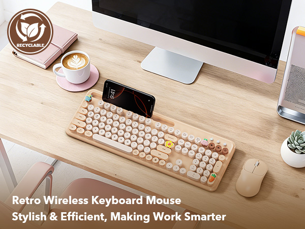Milk Tea Beige Wireless Keyboard and Mouse with Large Phone Holder