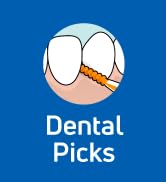 A dental pick sliding into the gap between two teeth. Text reads: “Dental picks.”