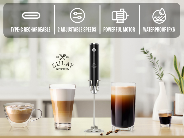 Handheld rechargeable milk frother with powerful 2-speed whisk for coffee, matcha, and mixing