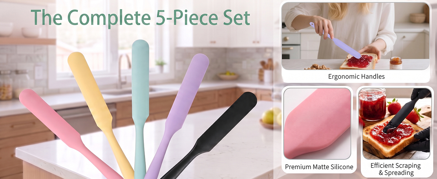 5-piece macaron multicolor silicone spatula set, showcasing spreading jam on toast