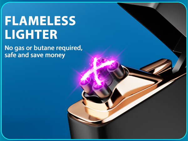 Flameless lighter with electric arc plasma beam, labeled as 'No gas or butane required, safe and save money'. Gold-colored metal casing visible.