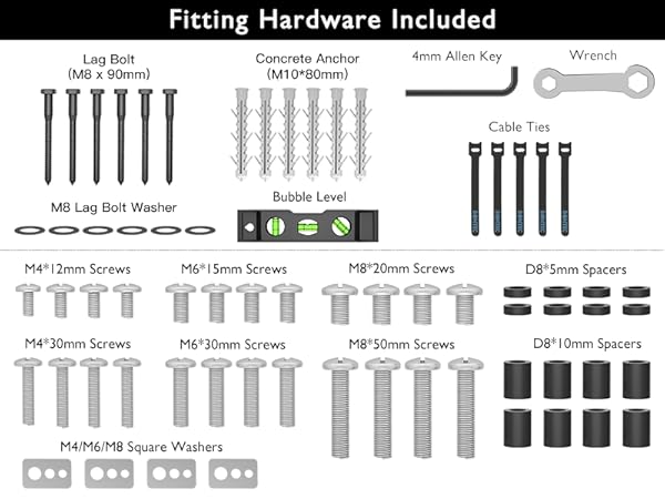 Assortment of hardware components including screws, anchors, washers, cable ties, and a bubble level